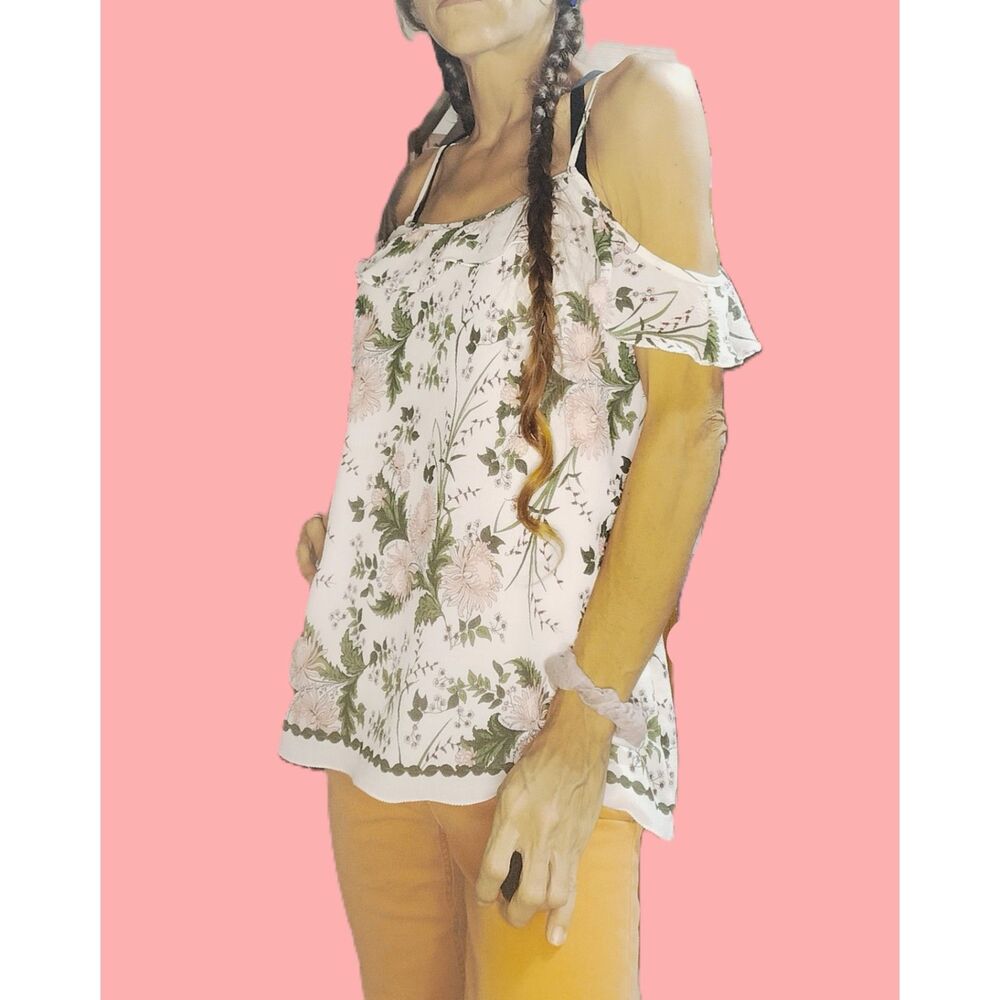 MSSP ~ White Floral Boho Cold Shoulder Ruffle Top ~ Size Small